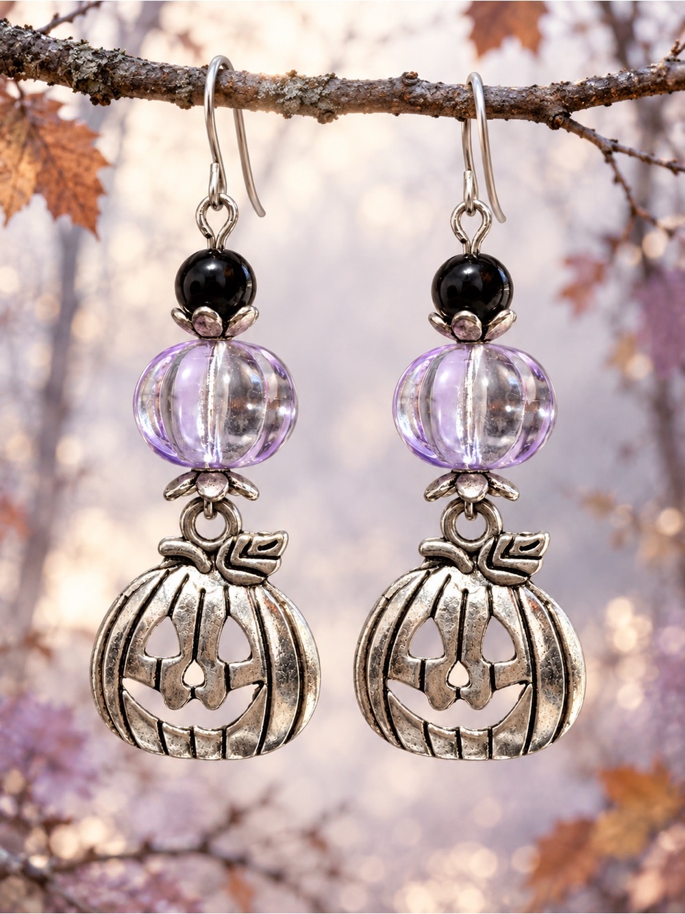 Czech Glass Lavender Black Pumpkin Earrings Halloween Silver Tone